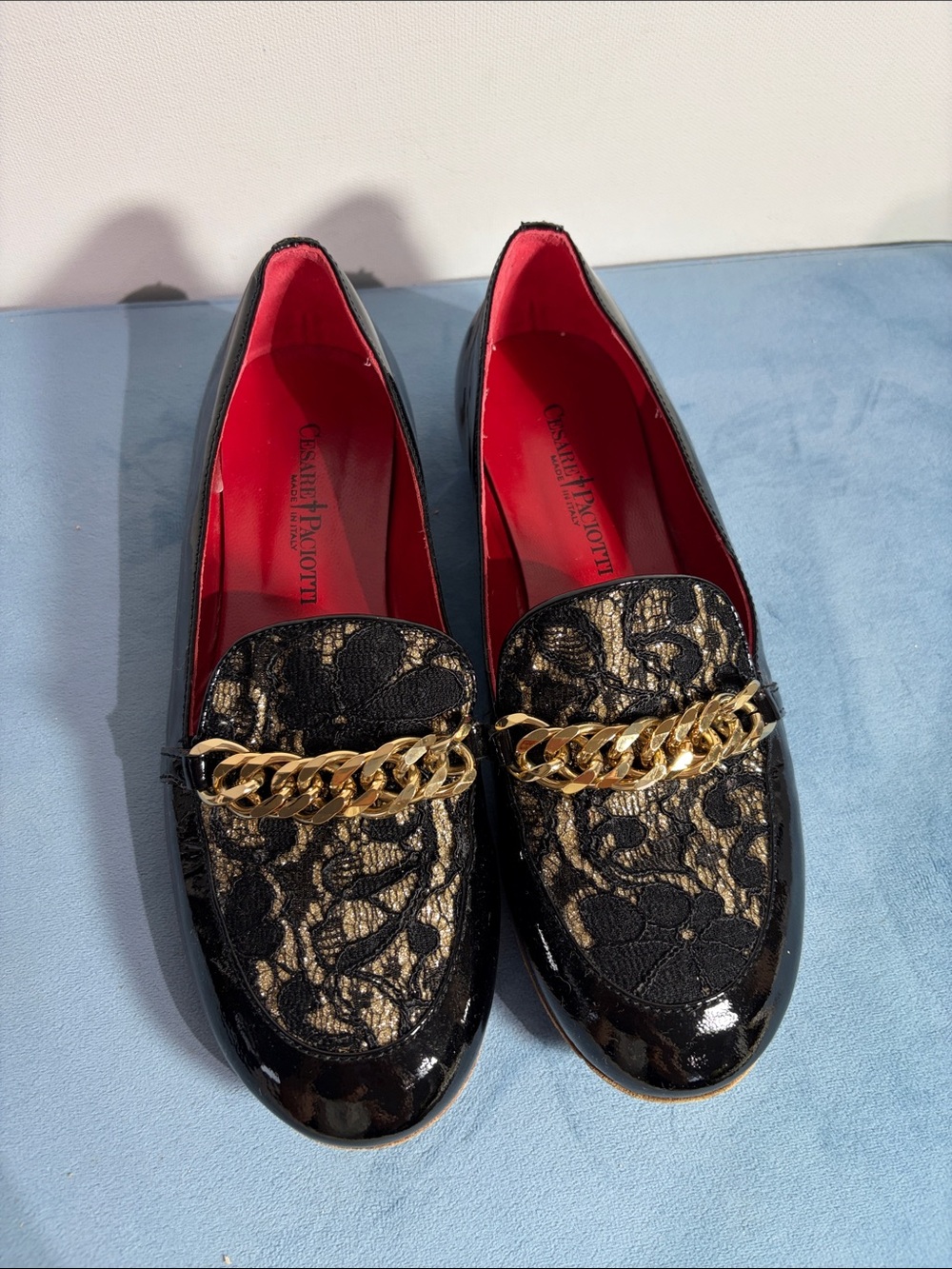 Cesare Paciotti Black & Gold Lace Chain Loafers for Girl/Teenager